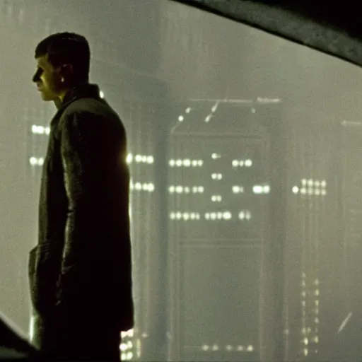 Prompt: the backrooms are empty, there is a lone replicant standing off in the distance, still from the movie bladerunner