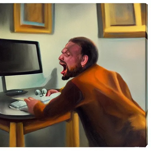 Image similar to an angry man yells at his computer monitor, oil on canvas, highly detailed