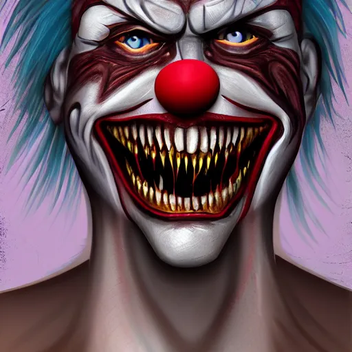 Image similar to a killer clown with sharp fangs and scars, hyper-detailed digital painting