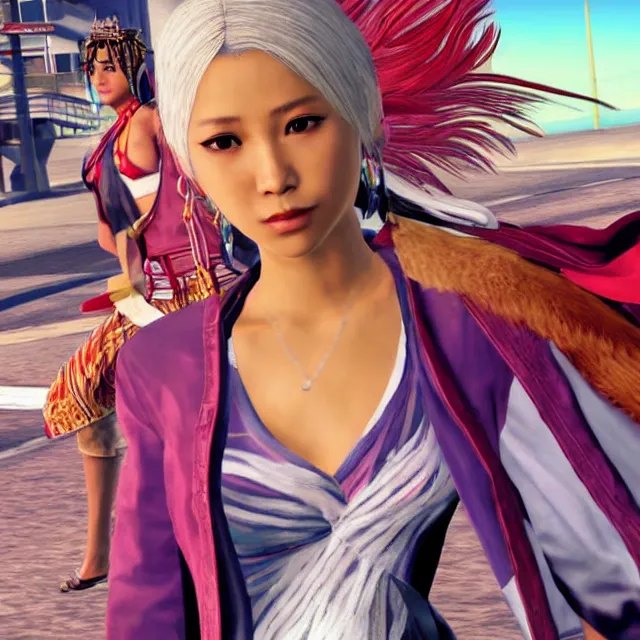Image similar to Yuna from Final Fantasy X in GTA V, Cover art by Stephen Bliss, boxart, loading screen,