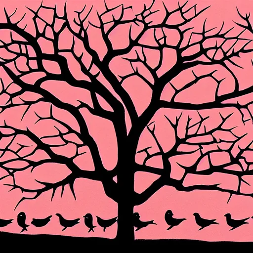 Image similar to birds on cherry tree, Changelingcore, serene, graceful, sunset photo at golden hour, Kodachrome, digital painting by M. C. Escher