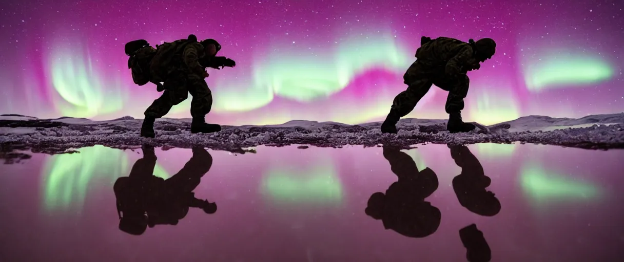 Image similar to an extreme closeup movie like 3 5 mm film depth of field photograph of a soldier falling face first into a small reflective puddle of dark red wine under the northern lights in antarctica at night, in the style of a horror film