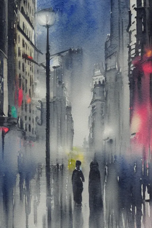 Prompt: A watercolor about the Bund in modern Shanghai, wet street, cloudy, gloomy, poignant, high contrast, smooth, by Joseph Zbikowicz, 8k