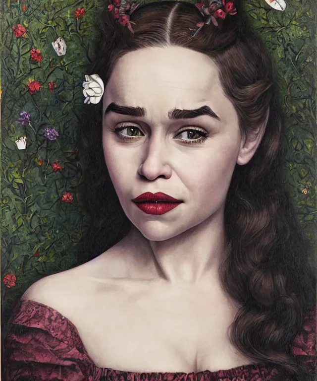 Image similar to portrait of Emilia Clarke in wonderland, lowbrow painting by Mark Ryden