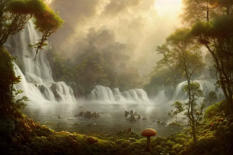 Prompt: floating lands in-clouds, foggy, volumetric fog, sun beams, blooming, birds, giant mushrooms, waterfalls; by Tom Bagshaw, Ivan Shishkin, Hans Thoma, Asher Brown Durand