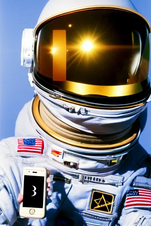 Image similar to extremely detailed studio portrait of space astronaut taking a selfie, holds a smart phone in one hand, phone!! held up to visor, reflection of phone in visor, moon, extreme close shot, soft light, golden glow, award winning photo by herb ritts