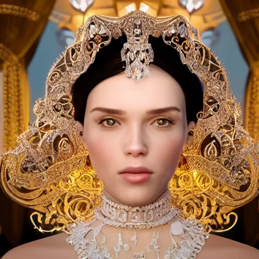 Image similar to portrait of pretty princess with perfect skin, glowing, ornate and intricate diamond jewelry, jaw dropping beauty, ornate and intricate backdrop, white accent lighting, hyper detailed, 4 k octane render