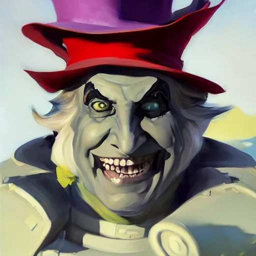 Image similar to greg manchess portrait painting of partially armored mad hatter from alice in wonderland as overwatch character, wacky, medium shot, asymmetrical, profile picture, organic painting, sunny day, matte painting, bold shapes, hard edges, street art, trending on artstation, by huang guangjian and gil elvgren and jesper ejsing