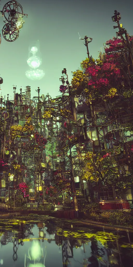 Image similar to technologic city with flowers on a steampunk land by borderlands, smooth, cinematic, wet reflections, ray tracing x, rtx, smooth