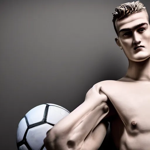 Image similar to a realistic detailed photo of a guy who is an attractive humanoid who is half robot and half humanoid, who is a male android, soccer player matthijs de ligt, shiny skin, posing like a statue, blank stare, in a living room, on display, showing off his muscles, with a twin