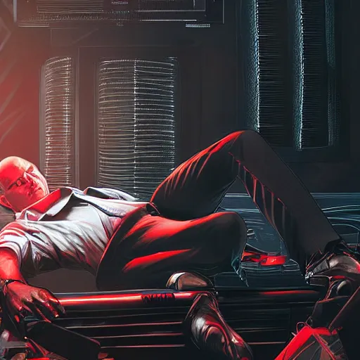 Prompt: agent 4 7 lying down listening to music in front of large stereo speakers surrounded by cables, black background, red rim light, highly detailed, smooth, sharp focus, art by cedric peyravernay