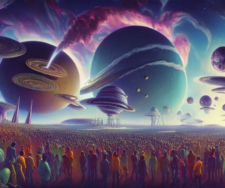 Image similar to hyper detailed 3d render like a Oil painting - crowds gather at a spaceport on a beautiful faraway planet to watch a rocket blast off, large gas giant in the dramatic nebula-filled alien sky, retrofuturistic science fiction vibe, by Jacek Yerka, Mariusz Lewandowski, Houdini algorithmic generative render, Abstract brush strokes, Masterpiece, Edward Hopper and James Gilleard, Zdzislaw Beksinski, Mark Ryden, Wolfgang Lettl, hints of Yayoi Kasuma, octane render, 8k