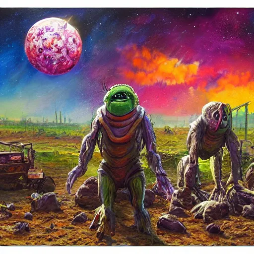 Prompt: extraterrestrial farmers on ancient post - apocalyptic planet, jim henson creature shop, vivid and colorful, cinematic, oil painting, highly detailed, illustration