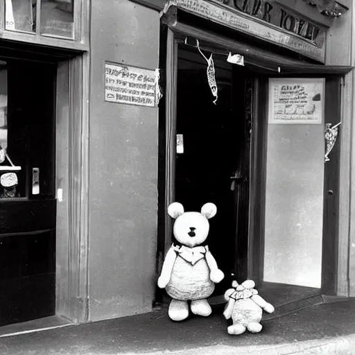 Prompt: A teddy bear doll with 8 balloons stands in the doorway of a ice-cream store,Beatrix potter