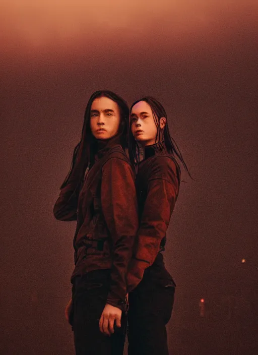 Image similar to cinestill 5 0 d photographic portrait of two loving female androids wearing rugged black techwear on a desolate plain with a red sky in front of a brutalist dark metal facility, extreme closeup, cyberpunk style, dust storm, 8 k, hd, high resolution, 3 5 mm, f / 3 2, ultra realistic faces, ex machina