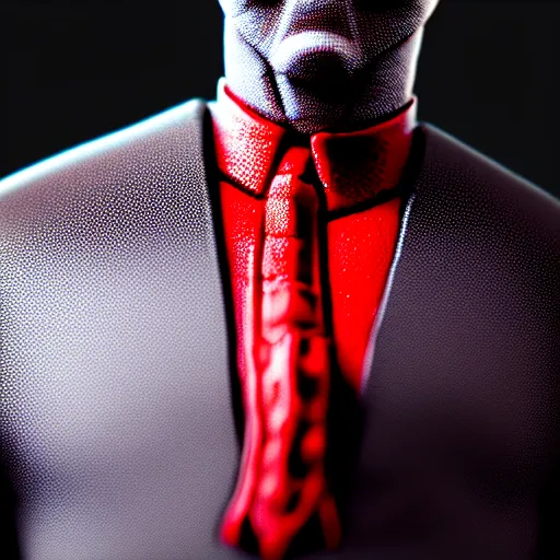 Image similar to realistic plastic figure of deadpool, wearing shirt and red tie, suit jacket, only head and chest, intricate, desaturated, trending on artstation, cinematic composition, dramatic pose, volumetric lighting, sharp, details, hyper - detailed, hd, 4 k, 8 k