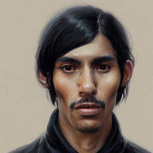 Image similar to portrait of a peruvian man by greg rutkowski, he is about 3 0 years old, short black hair with bangs, very tall and slender, he is wearing a beige and black utility jumpsuit, highly detailed portrait, digital painting, artstation, concept art, smooth, sharp focus ilustration, artstation hq