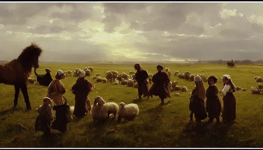 Image similar to simple amish shepherd and children with flocks of sheep in open fields, art by anders zorn, wonderful masterpiece by greg rutkowski, beautiful cinematic light, american romanticism thomas lawrence, greg rutkowski