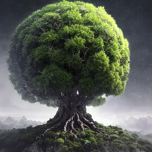 Image similar to full body pose, hyperrealistic photograph of the world tree, dim volumetric lighting, 8 k, octane beautifully detailed render, extremely hyper detailed, intricate, epic composition, cinematic lighting, masterpiece, trending on artstation, very very detailed, stunning, hdr, smooth, sharp focus, high resolution, award, winning photo, dslr, 5 0 mm