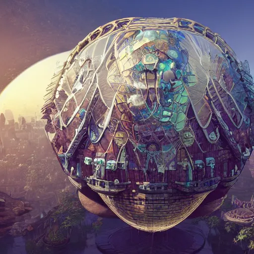 Image similar to enormous flying city in a faberge egg, sky, steampunk, fantasy art, masterpiece, unreal engine