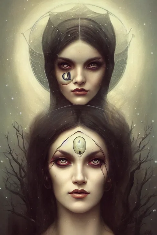 Image similar to a woman with a third eye, painting by tom bagshaw