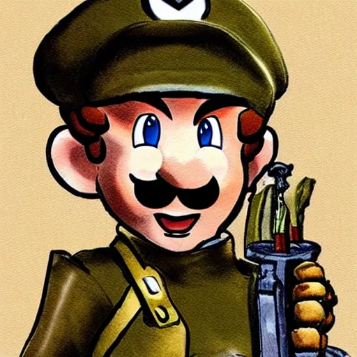 Image similar to mario as a world war i soldier, super high quality, detailed