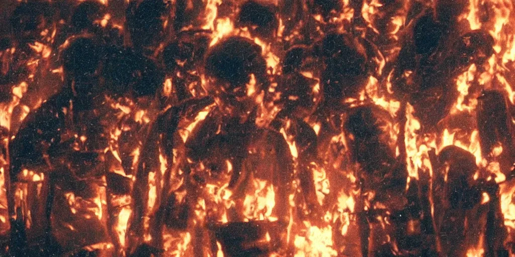 Image similar to filmic closeup dutch angle movie still 4k UHD 35mm film color photograph of a crowd of doctors burning alive inside of a science lab , in the style of a 1980s horror film