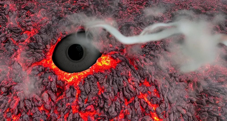 Image similar to a volcano made of ivory vines and crimson rocks enters in eruption, it spits a smoke in the shape of demonic eye, by Allie brosh