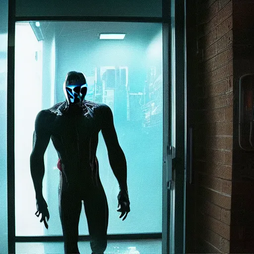 Prompt: a 4 k cinematic still portrait of venom breaking into the office from a gritty cyberpunk 2 0 0 0 s james cameron movie about spider - man. realism, cinematic lighting, 4 k. 8 mm. grainy. panavision.