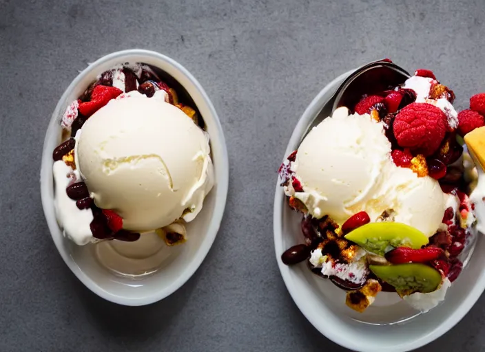 Image similar to dslr food photograph of ice cream sundae with baked bean and sliced jalapeno topping, 8 5 mm f 1. 8