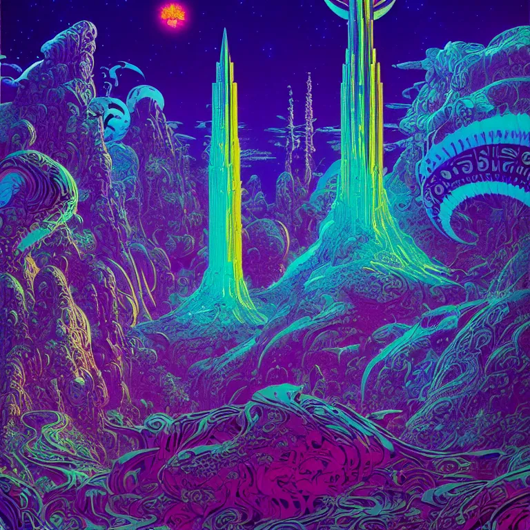 Image similar to mysterious rocket hovers over mythical crystal temple, psychedelic fractal waves, synthwave, bright neon colors, highly detailed, cinematic, eyvind earle, tim white, philippe druillet, roger dean, ernst haeckel, lisa frank, aubrey beardsley