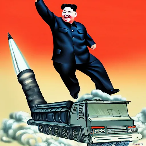 Image similar to Kim Jong-Un riding a nuclear rocket, detailed face, high resolution, illustration, art
