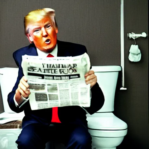 Prompt: donald trump sitting on a toilet with his pants down, he is looking at a newspaper.