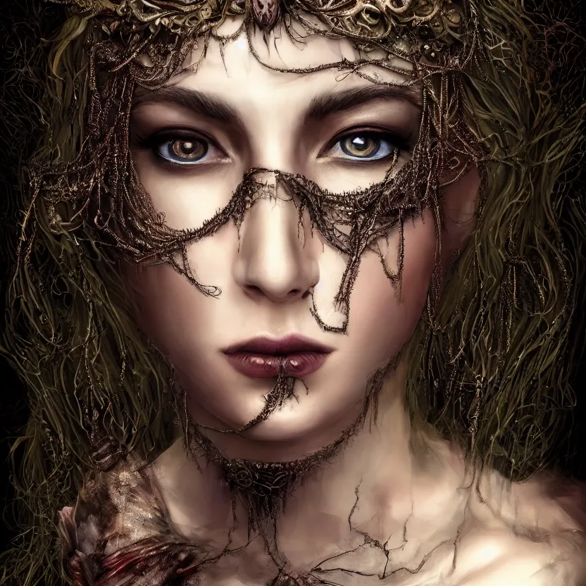 Image similar to mindblowing portrait of the enchantress queen, a stunning timeless beauty, breathtaking eyes, perfect skin, feathered eyelashes, royal gothic dress with a lot of leather, heavy silent hill aesthetic, incredibly intricate, digital art, blender, houdini & photoshop, very elegant & complex, hyper-maximalist, overdetailed, epic cinematic quality, biblical art lighting, photorealistic, lifelike, OLED, DSLR HDR 8k, face is the focus, facial feature symmetry, hyper composed, created by Nixeu & z--ed from deviantart