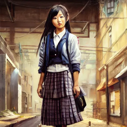 Image similar to a perfect, realistic professional oil painting of a Japanese schoolgirl posing in a dystopian alleyway, style of Marvel, full length, by a professional American senior artist on ArtStation, a high-quality hollywood-style concept