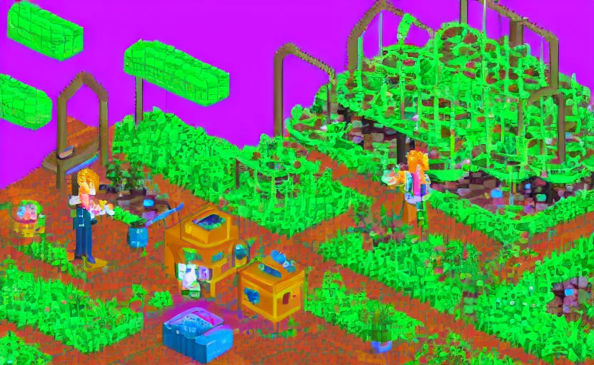 Image similar to a greenhouse with alien plants, potions, a giant fountain in the middle, a women working behind a counter, fantastic lighting, pixel art, high detail