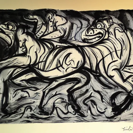 Prompt: emotional movement of muscle panthers, hell creatures, ink painting, in style of thawan duchanee, high quality,