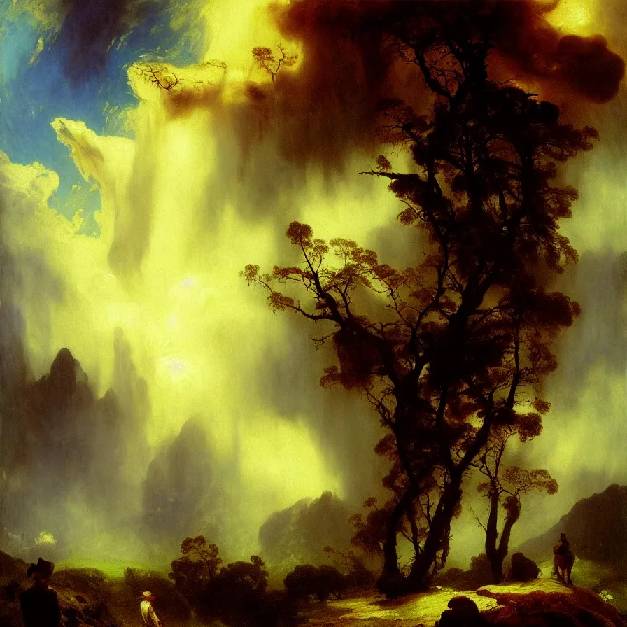 Prompt: artwork of the atmospheric indie album titled :'when your head feels like a dark rainy cloud ', painted by thomas moran and albert bierstadt