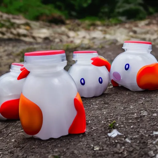 Prompt: a plastic bottle full of waddle dees are squeezed out of the bottle, professional photography outdoors