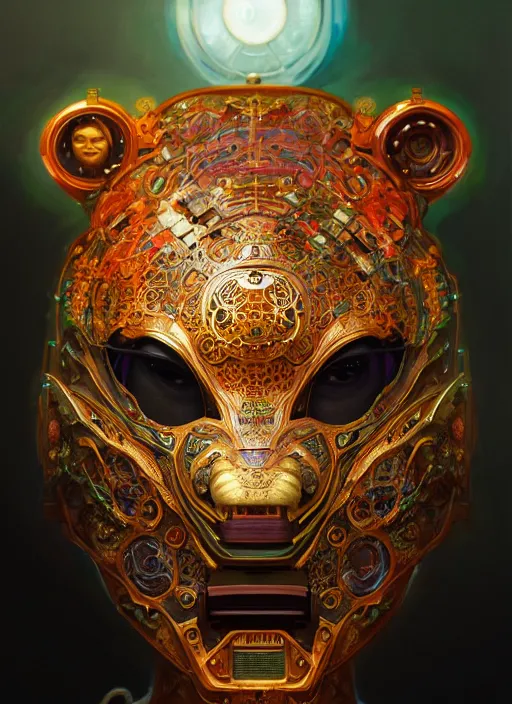 Prompt: organic cyborg, asian bright coloured bear mask opening, diffuse lighting, fantasy, intricate, elegant, highly detailed, lifelike, photorealistic, digital painting, artstation, illustration, concept art, smooth, sharp focus, art by John Collier and Albert Aublet and Krenz Cushart and Artem Demura and Alphonse Mucha