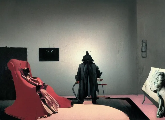 Prompt: a still from the film eraserhead by francis bacon, surreal, norman rockwell and james jean, greg hildebrandt, and mark brooks, triadic color scheme, by greg rutkowski, in the style of francis bacon and syd mead and edward hopper and norman rockwell and beksinski, dark surrealism, open ceiling