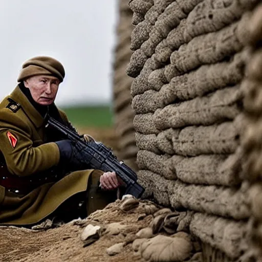 Prompt: Putin is sitting in the trenches and defending himself from Ukrainian troops, cinematic style