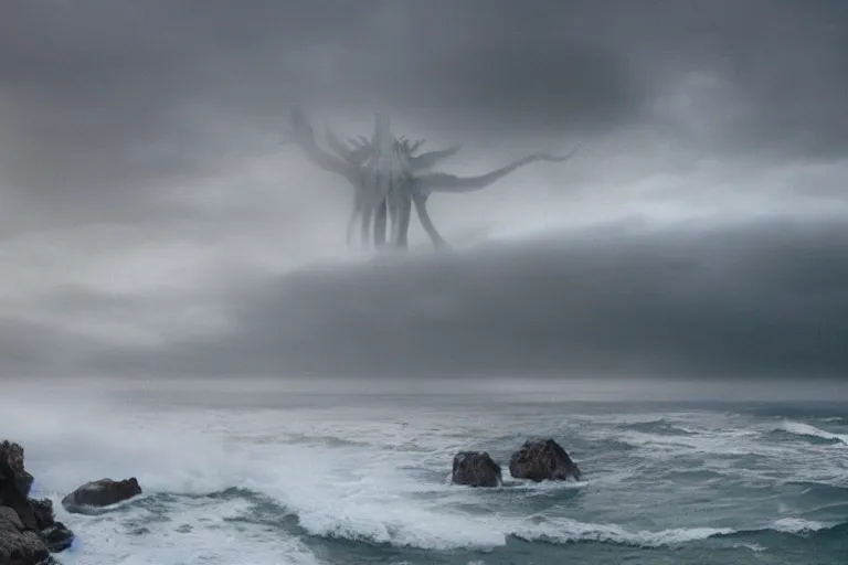 Prompt: giant VFX movie of cthulhu rising out of the ocean in Malibu morning natural light by Emmanuel Lubezki