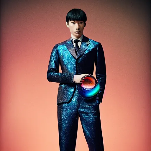 Image similar to a giant iridescent soap bubble in front of a beautiful athletic slim young korean male dressed by alexander mcqueen, photographed by erwin olaf for an art gallery