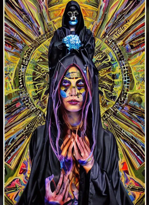 Image similar to beautiful tripping cult magic psychic woman, subjective consciousness psychedelic, epic occult ritual symbolism story iconic, dark robed witch, oil painting, robe, symmetrical face, greek dark myth, by Sandra Chevrier, masterpiece