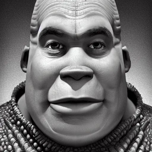 Prompt: photorealistic shrek in the style of michael whelan and gustave dore. hyperdetailed photorealism, 1 0 8 megapixels, fully clothed, lunar themed attire, amazing depth, glowing rich colors, powerful imagery, psychedelic overtones, 3 d finalrender, 3 d shading, cinematic lighting, face portrait, artstation concept art