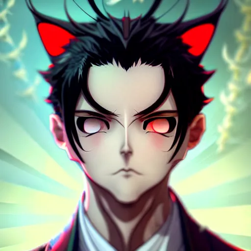 Image similar to anime portrait of a slick black hair guy with red eyes and fox ears by stanley artgerm lau, wlop, rossdraws, james jean, andrei riabovitchev, marc simonetti, and sakimichan, trending on artstation