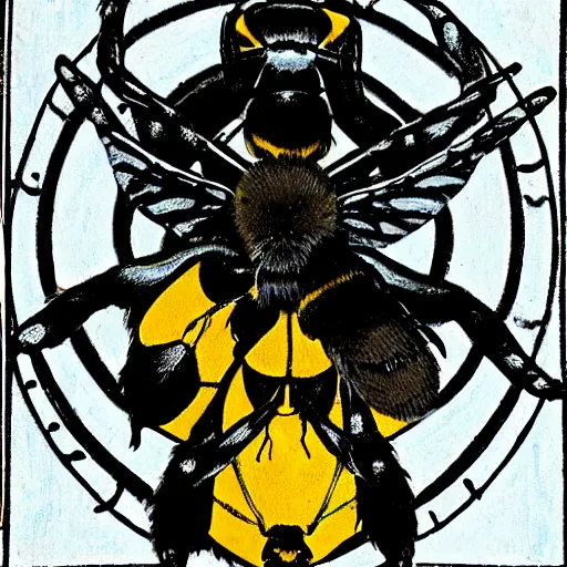 Image similar to a dark dangerous ritual spell with a dead bumblebee placed in the middle of a bloody bullseye at the center of the crosshairs of a gun, art nouveau, fantasy illustration, tarot