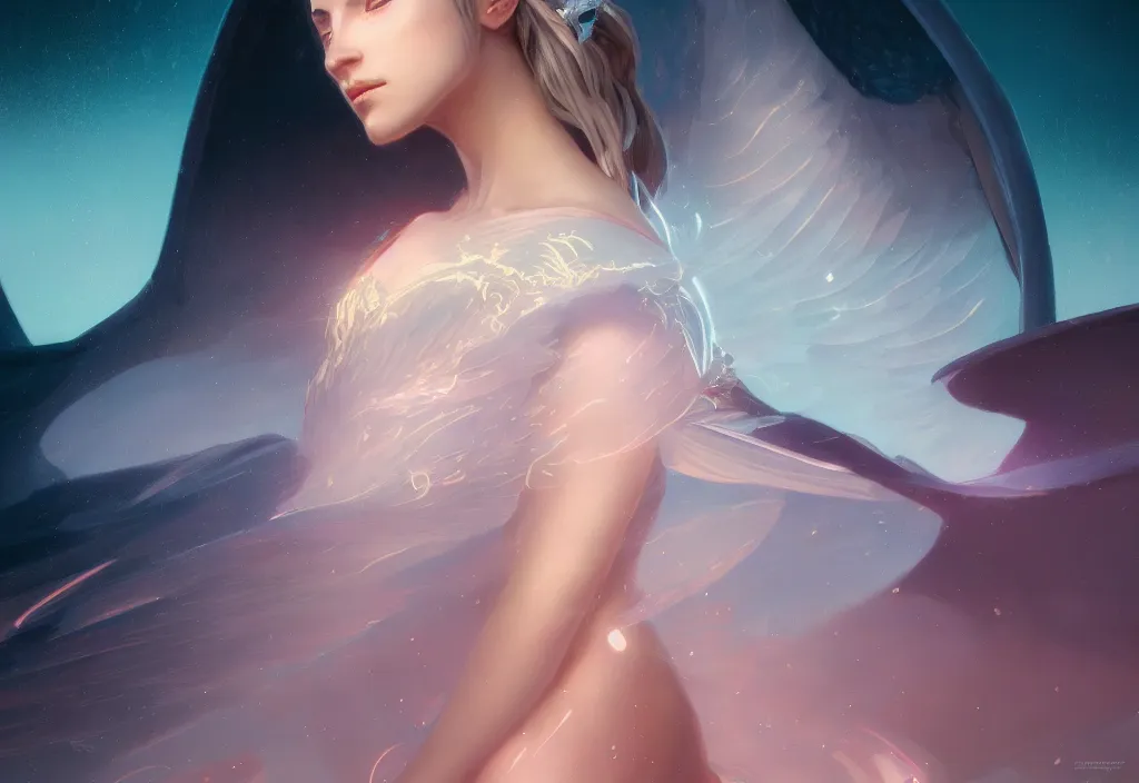 Image similar to one angel, big wings, low key light, full plate armor with cloth, f 1 6, bokeh, extreme close up portrait, gentle, female, mountain, storm, god rays, landscape, d & d, fantasy, elegant, teal pink white gold color palette, concept art, artgerm and greg rutkowski and alphonse mucha