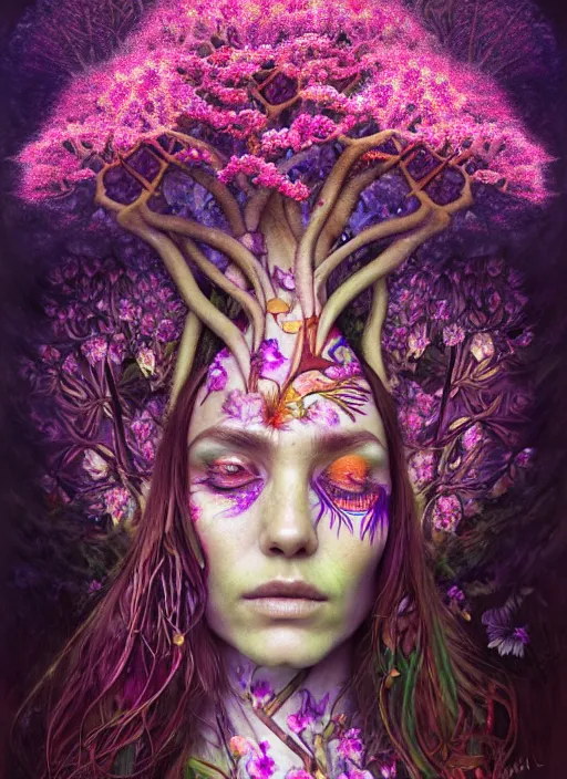 Prompt: psychedelic organic shaman made of orchids and cherry blossom trees and mushrooms, diffuse lighting, fantasy, intricate, subconscious, highly detailed, photorealistic, digital painting, artstation, beautiful woman, concept art, smooth, sharp focus, by john collier and albert aublet, by amanda sage